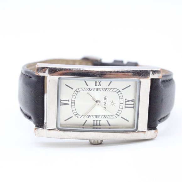 Vintage Artistry Watch Mens Silver Tone Stainless Steel Black Leather Band - Picture 5 of 8